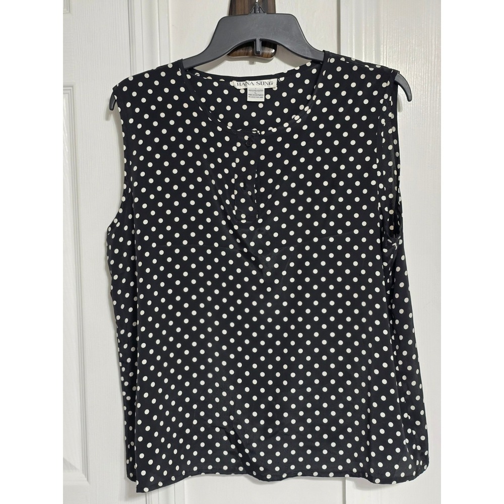 Hana Sung Black White Polka Dot Sleeveless Blouse Top Large Button Front